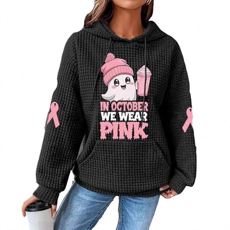 Women's Waffle Knit Hoodie with Cute Cartoon Ghost Print