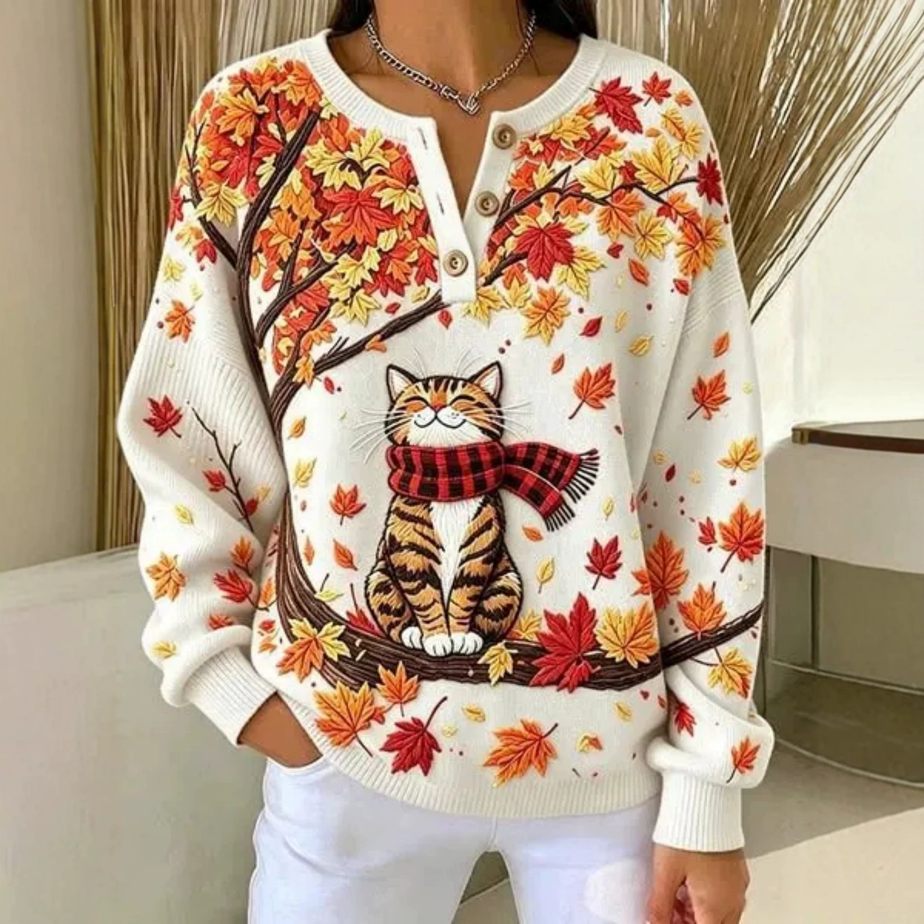 Women's Cute Cat & Maple Leaf Print Button Sweatshirt