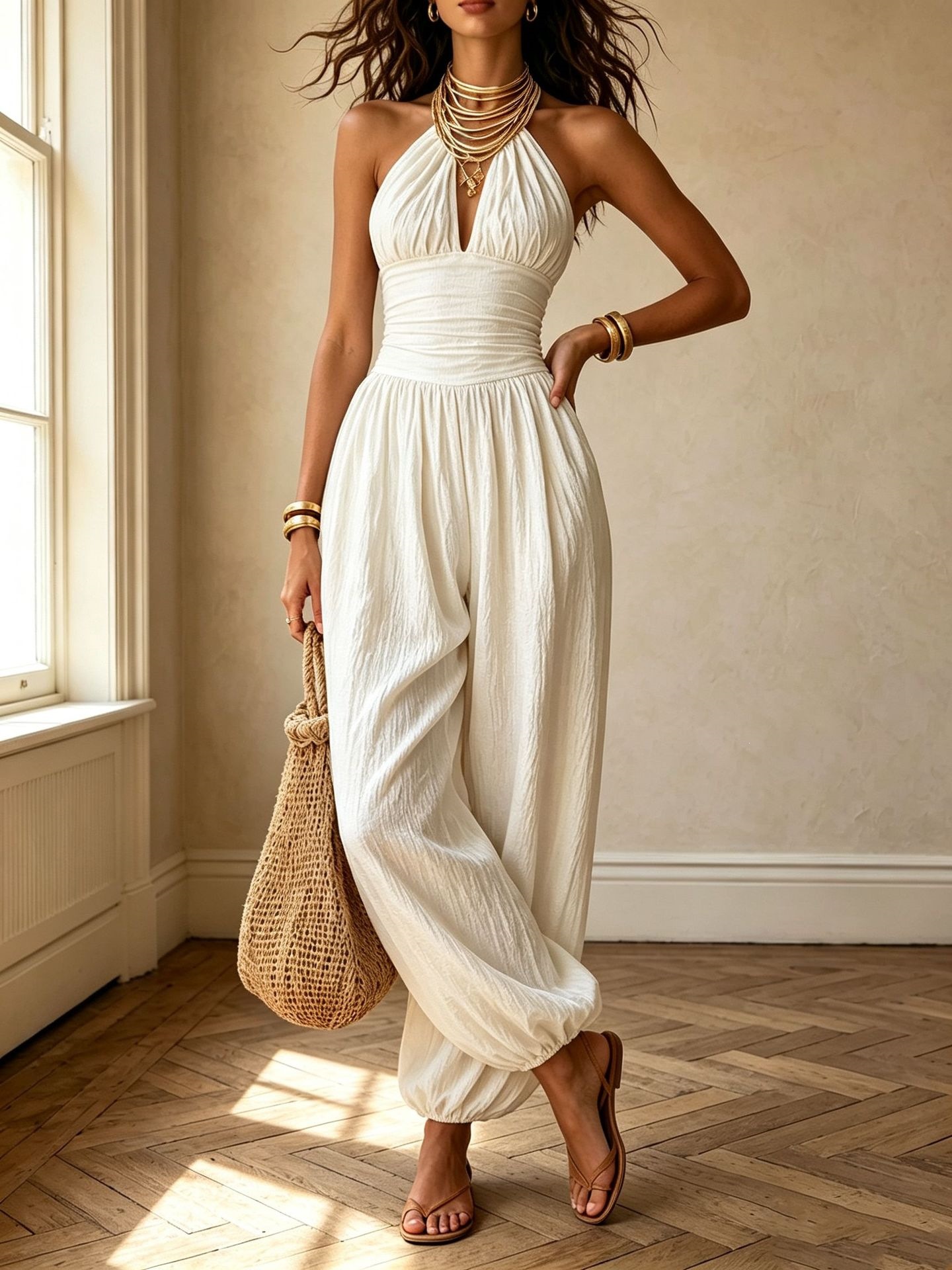 Women's Halter Sleeveless Wide-Leg Jumpsuit Solid Color Loose Long Pants