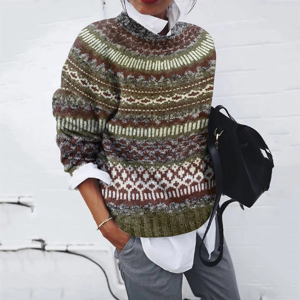 Pattern Print Round Neck Soft Knit Sweater Casual Cardigan