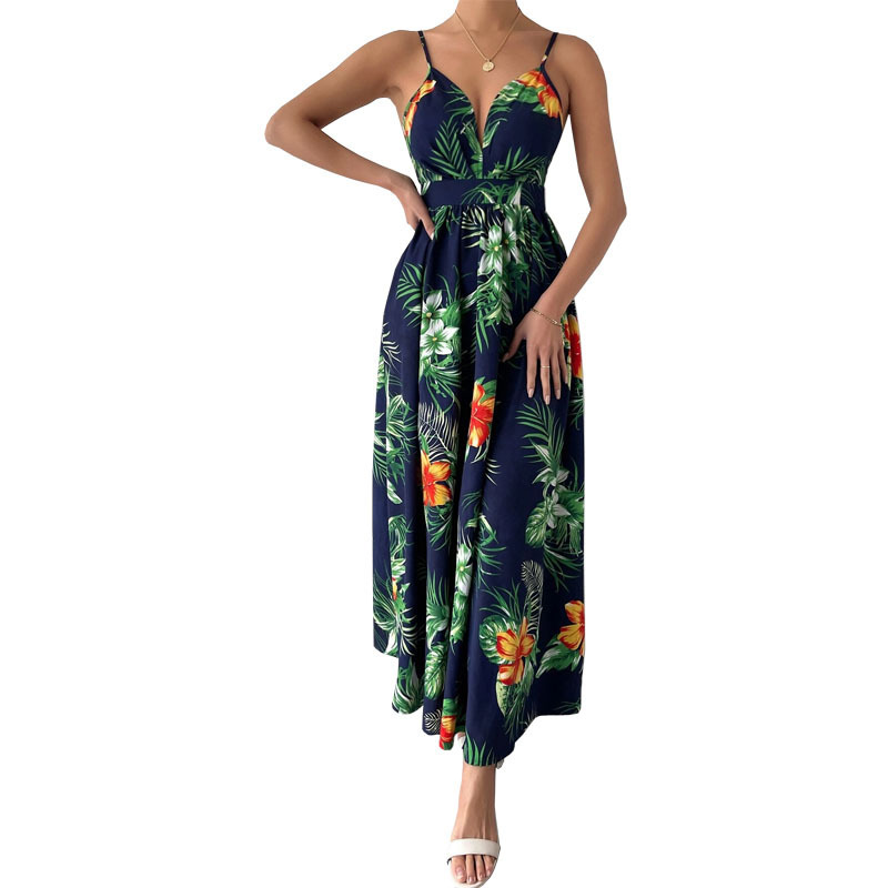 Women's Summer Printed V-Neck Sleeveless Midi Dress with Cinched Waist