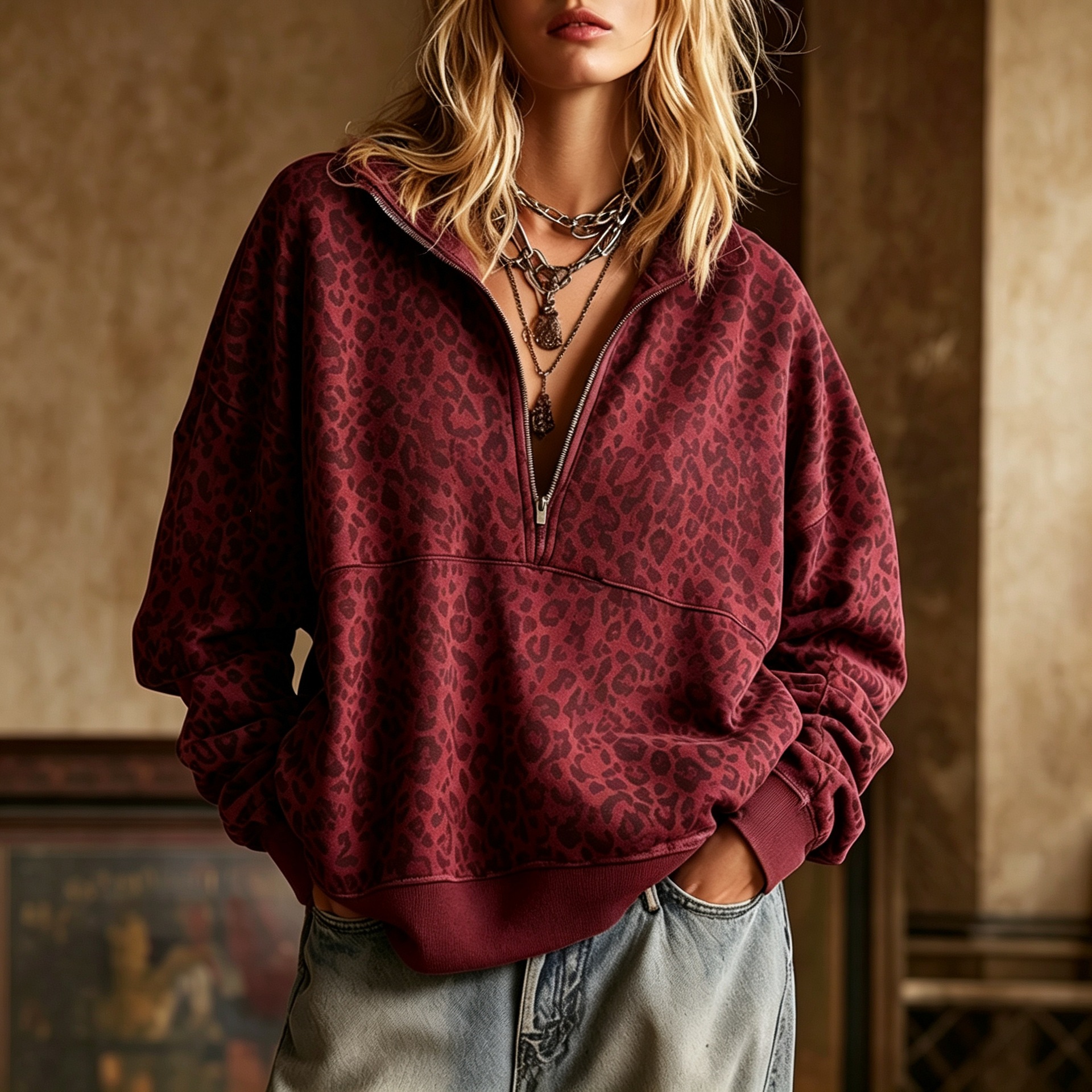 Women's Leopard Print Loose Zip-Up Collared Sweatshirt