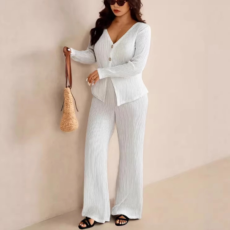 Women's Long Sleeve Ruched Top and High Waist Wide Leg Pants Two-Piece Set