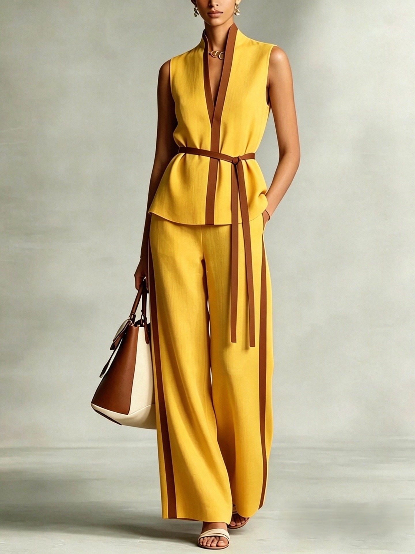 Women's Sleeveless Colorblock Top & Wide-Leg Pants Set