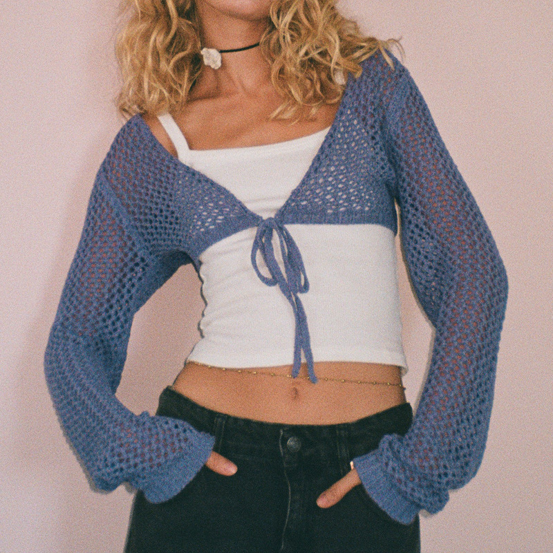 Sexy Open-Knit Cropped Cardigan with Tie Front, Long Sleeve, Solid Color