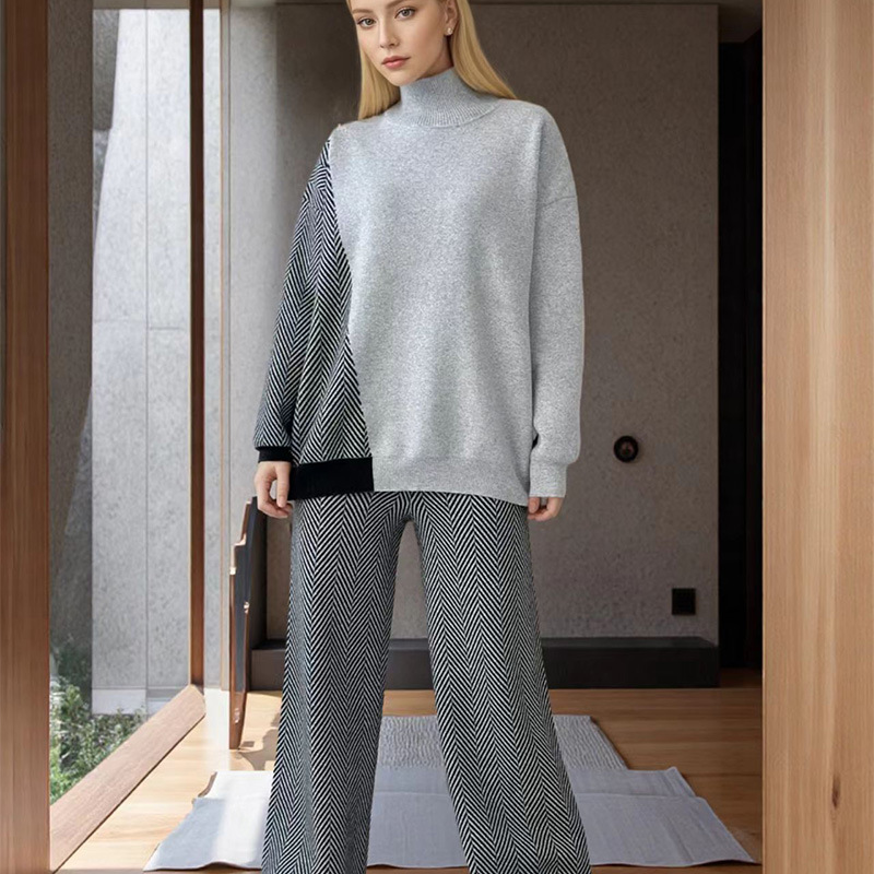 Women's Mid-Length Two-Piece Sweater Set Loose Fit Plus Size Colorblock