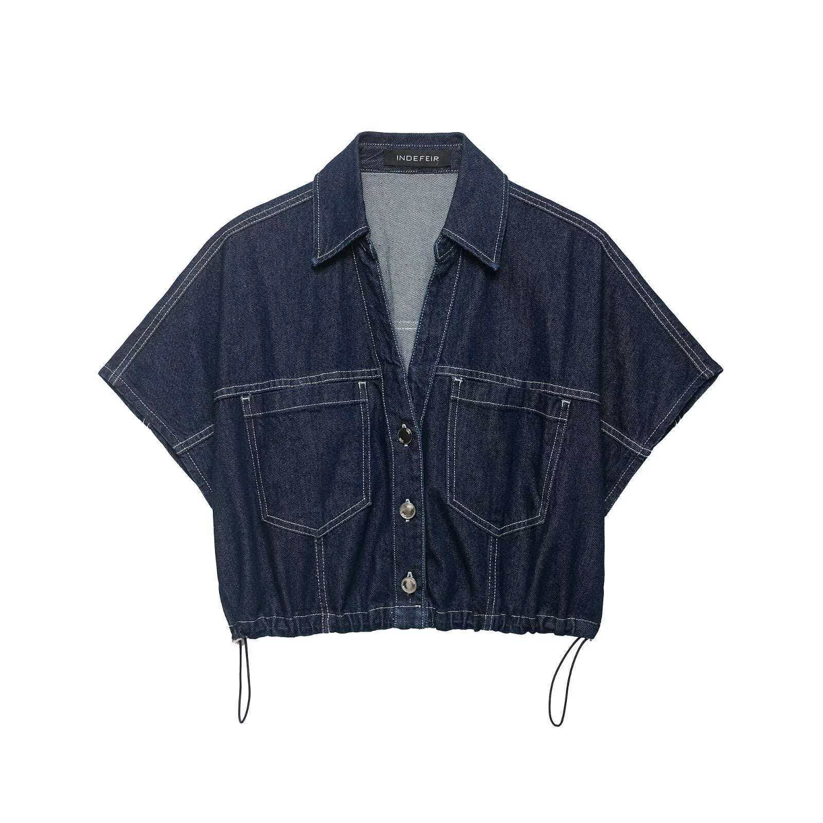 Women's Drawstring Waist Denim Shirt and Skort Set Casual Summer