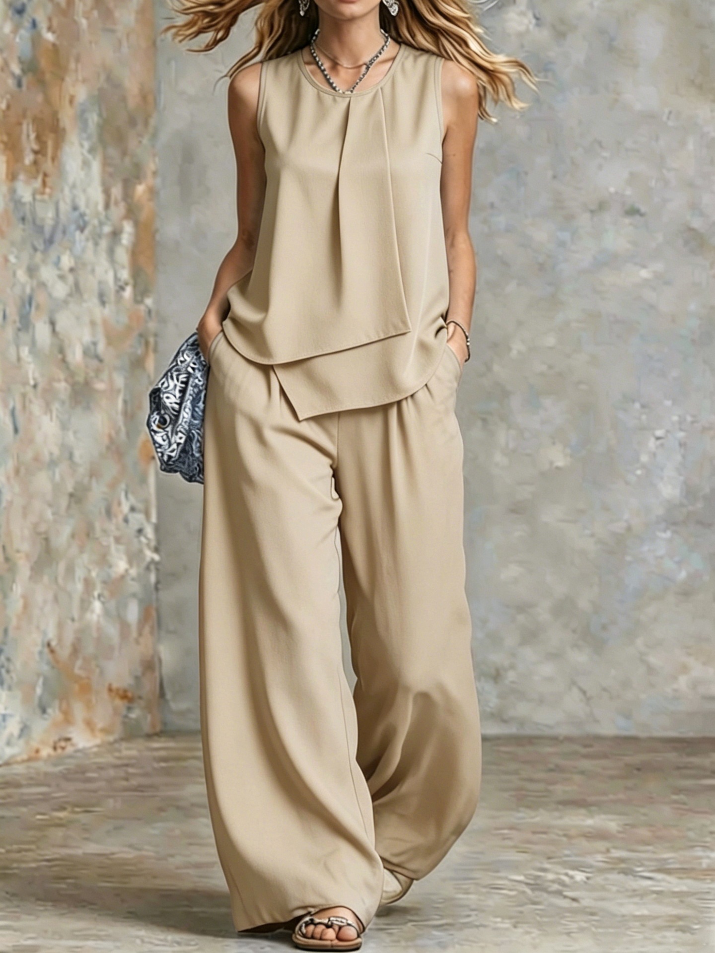 Elegant Sleeveless Solid Asymmetrical Top & Wide-Leg Pants Set