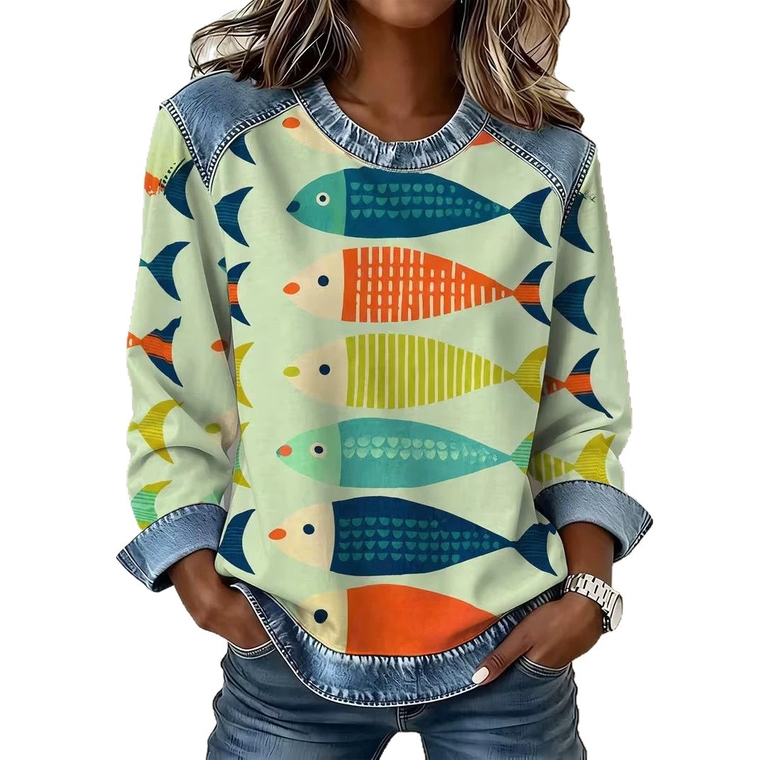 Women's Sailfish Print Casual Pullover Sweatshirt