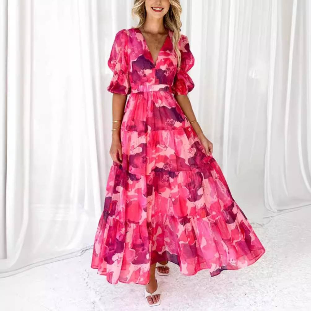 Floral Print V-Neck Bubble Sleeve Cinched-Waist Maxi Dress
