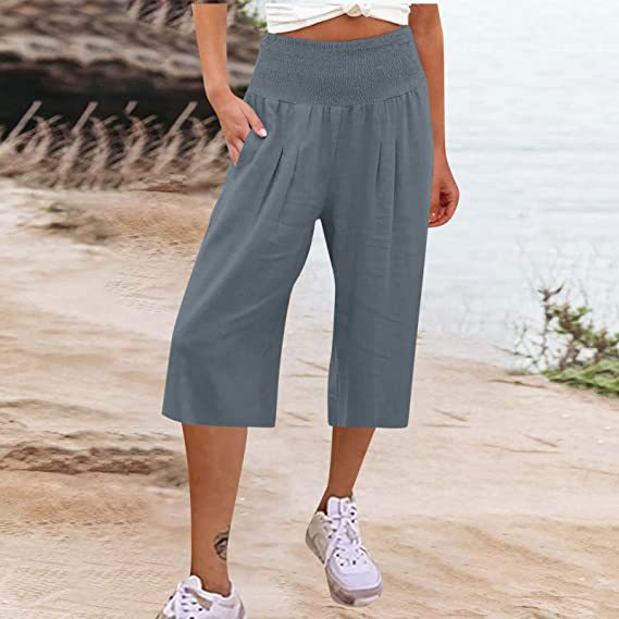 Women's Summer Smocked Wide-Leg Capri Pants Casual Loose Fit