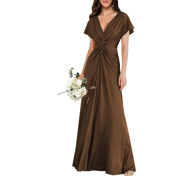Satin Short Sleeve A-Line Dress V-Neck Midi Formal Party Bridesmaid