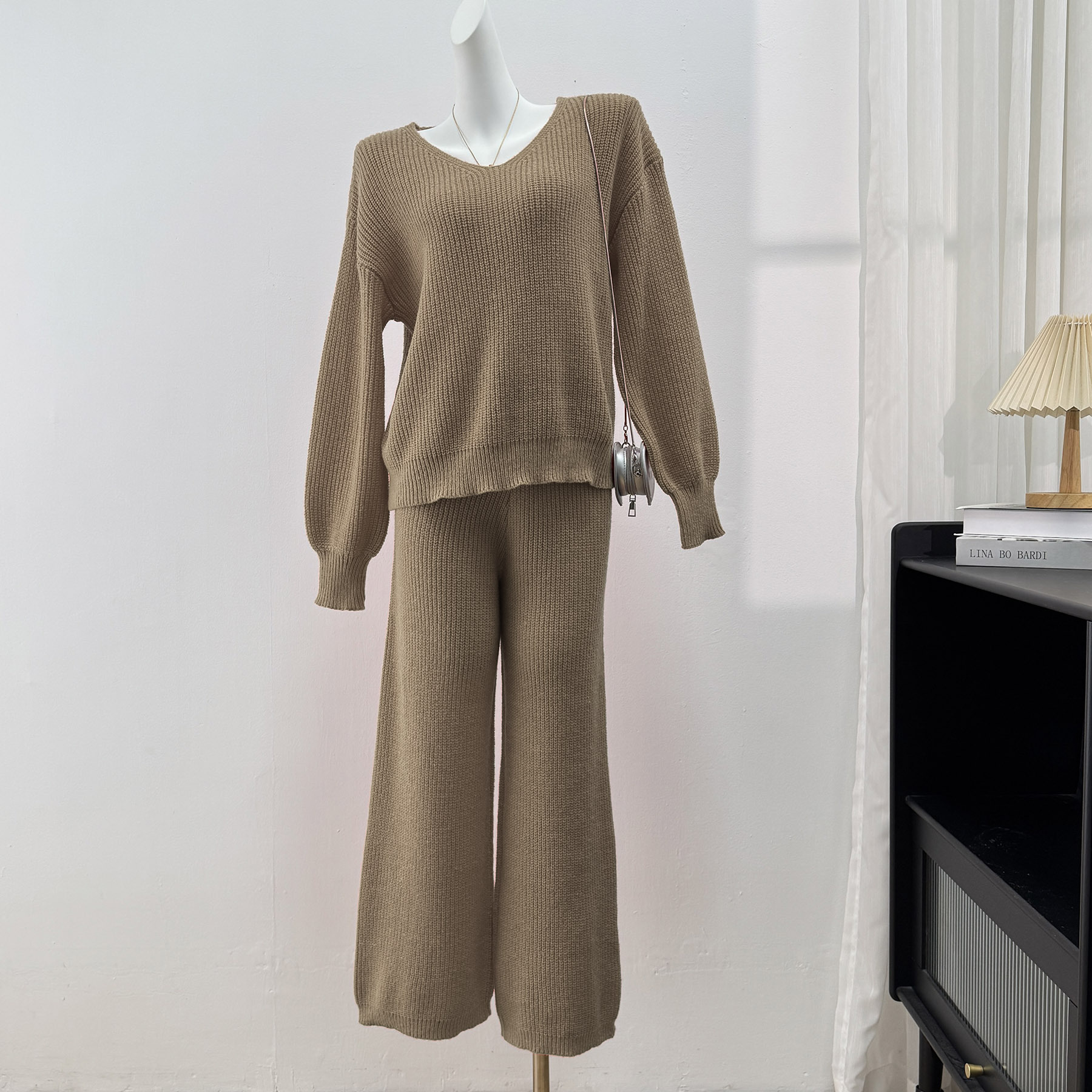 Women's V-Neck Loose Knit Top & Wide-Leg Pants Two-Piece Sweater Set