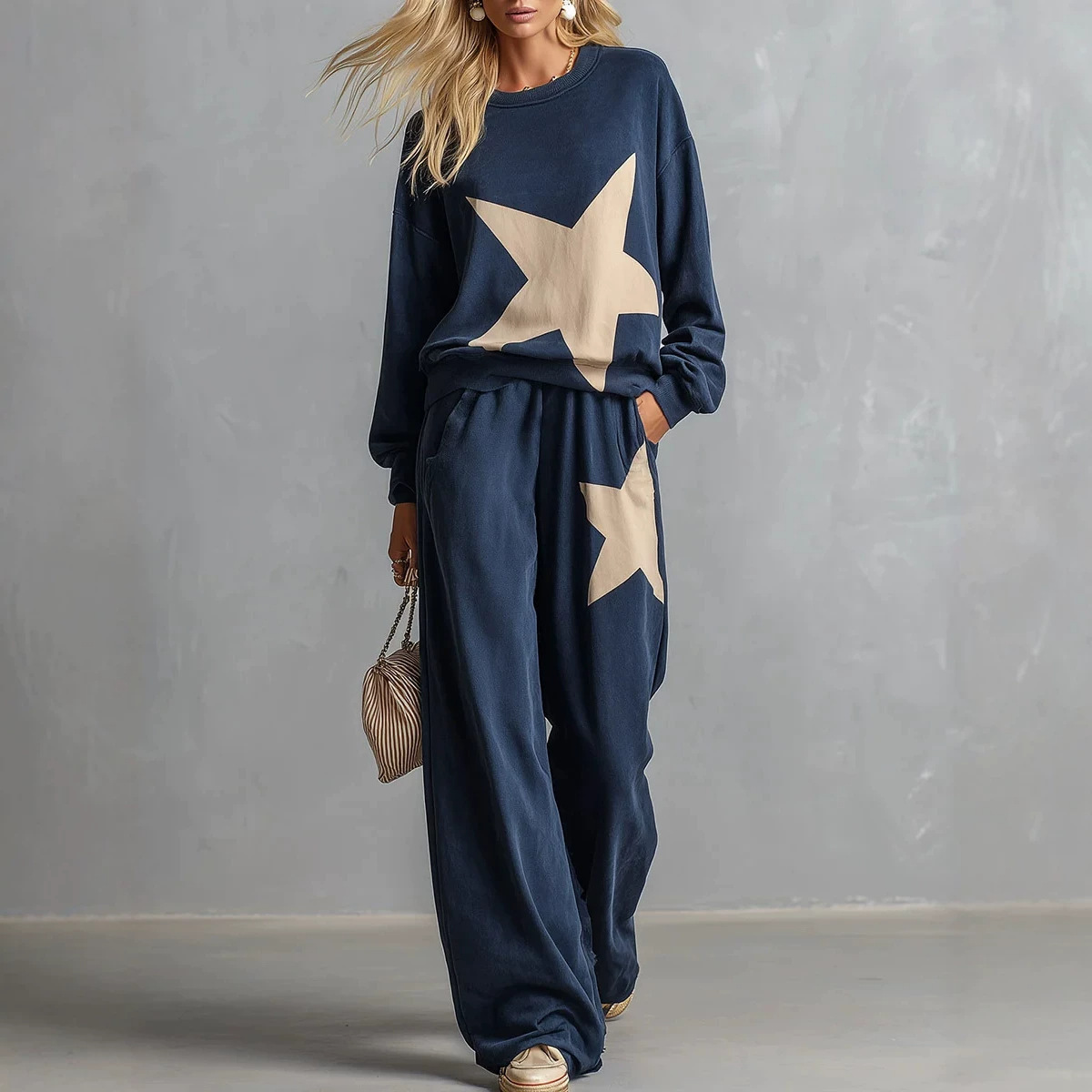 Women's Casual Loose Print Round Neck Two-Piece Set