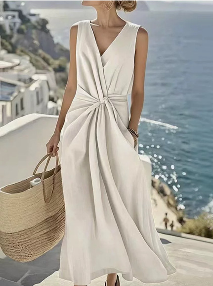 Women's Twist-Front V-Neck Sleeveless Cotton-Linen Dress with Pockets