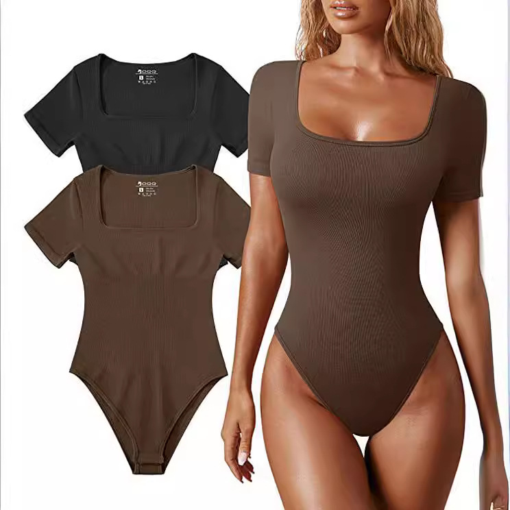 Ribbed Square Neck Short Sleeve Bodysuit
