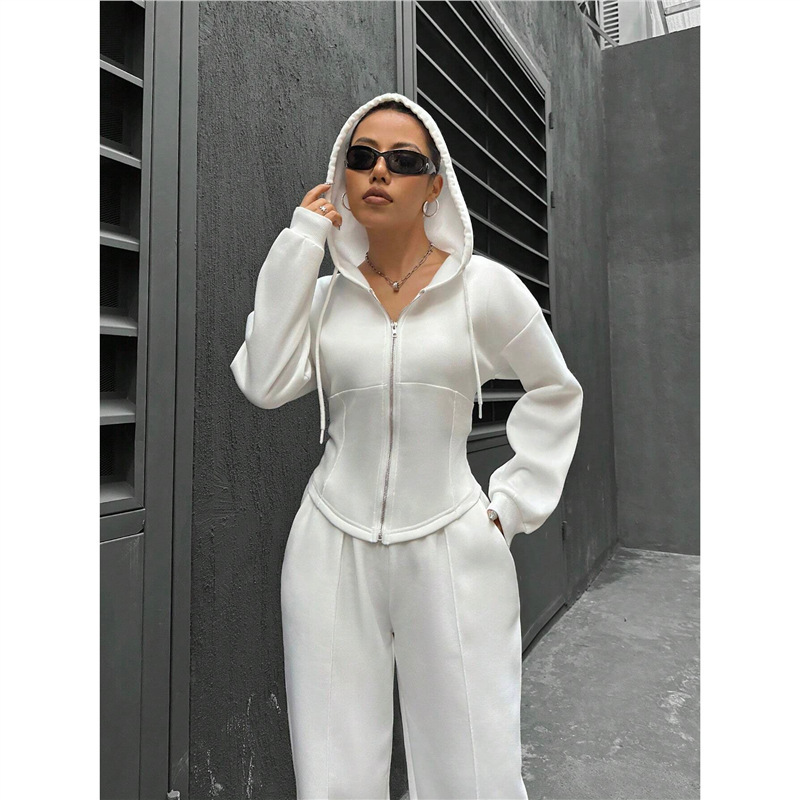 Women's Hooded Zip-Up Sweatshirt and Wide-Leg Pants Two-Piece Set