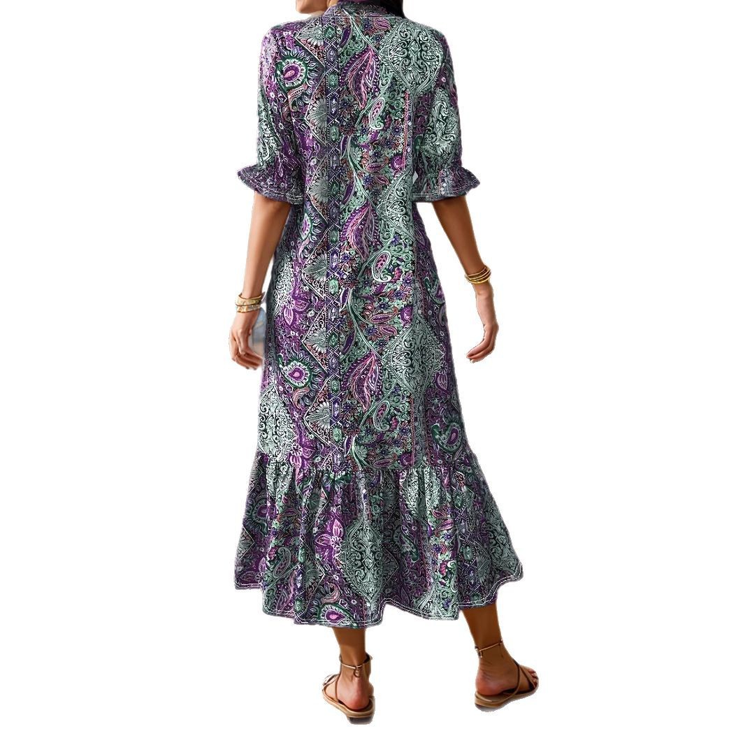 Bohemian Floral Print Maxi Dress with Mandarin Collar and Layered Ruffle Hem