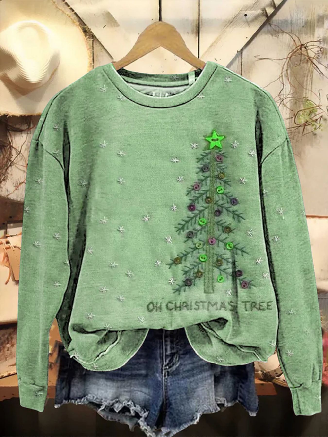 Christmas Tree Print Crewneck Long Sleeve Pullover Sweatshirt