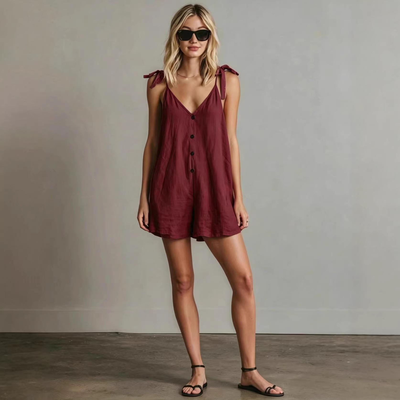 Women's Summer V-Neck Tie-Strap Solid Color Romper