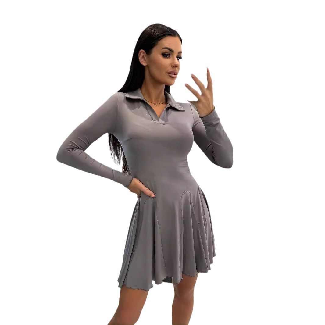 Solid Color Waist-Cinched Long-Sleeve Collared Dress