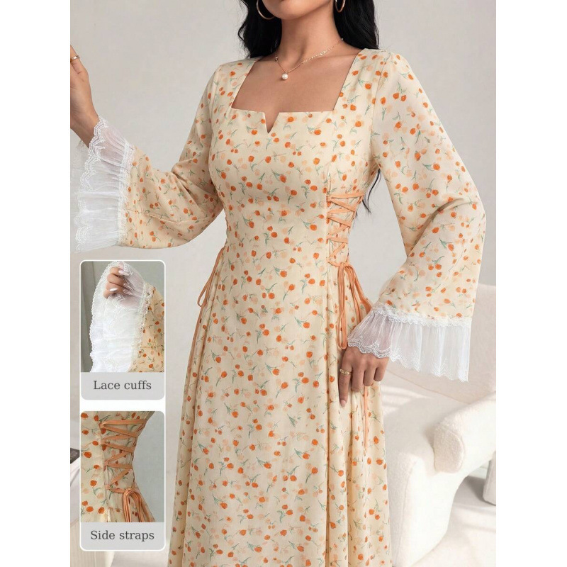 Floral Print Long Sleeve Tie-Waist Midi Dress