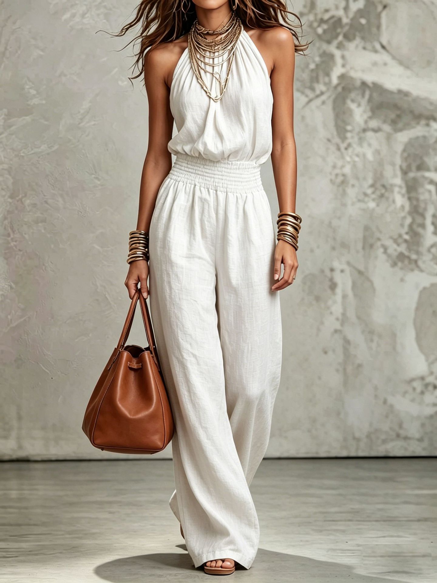 Women's Sleeveless Open-Back Tie-Waist Halter Wide-Leg Jumpsuit