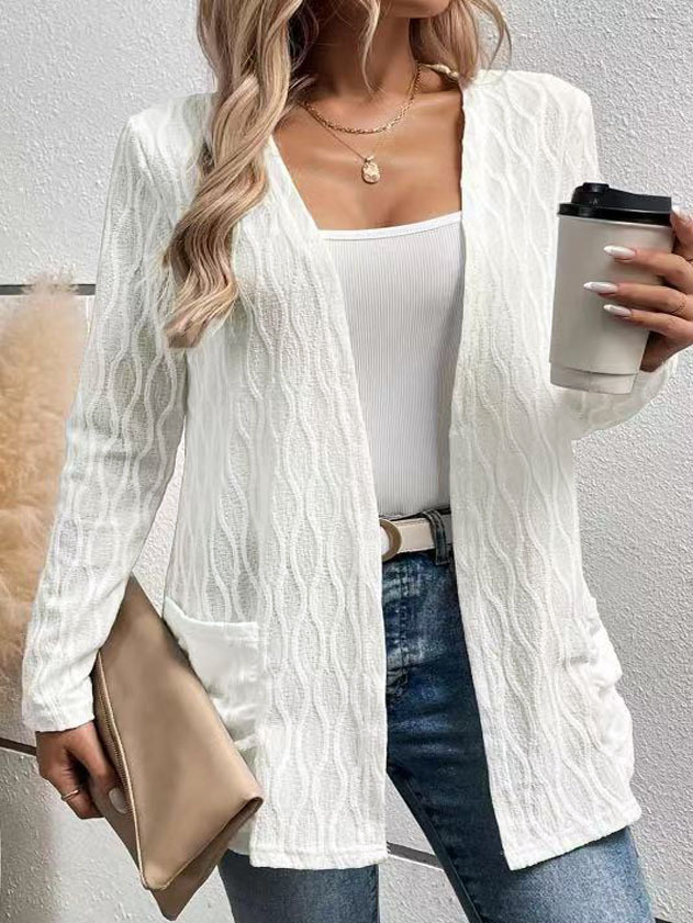 Women's Open-Front Knit Cardigan Long Sleeve Hollow-Out Solid Color