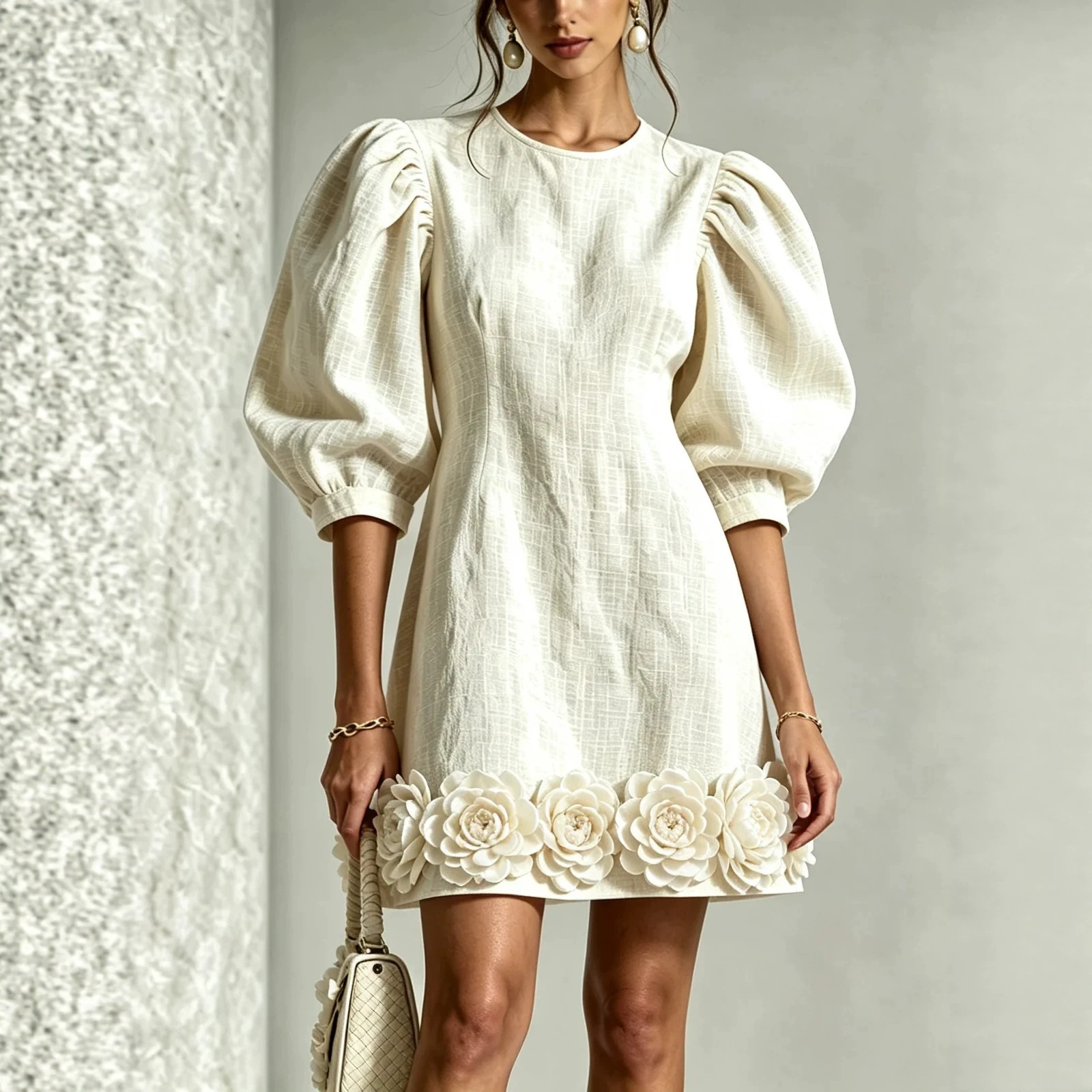 3D Floral French Puff Sleeve Midi Dress