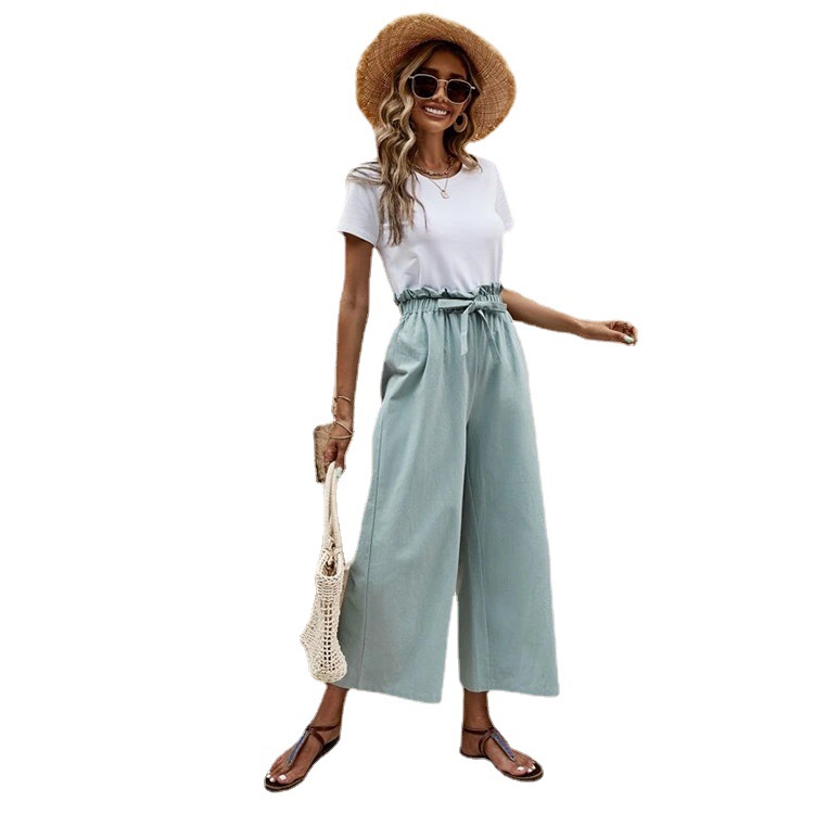 Women's Summer Cotton-Linen Wide-Leg Cropped Pants with Belt