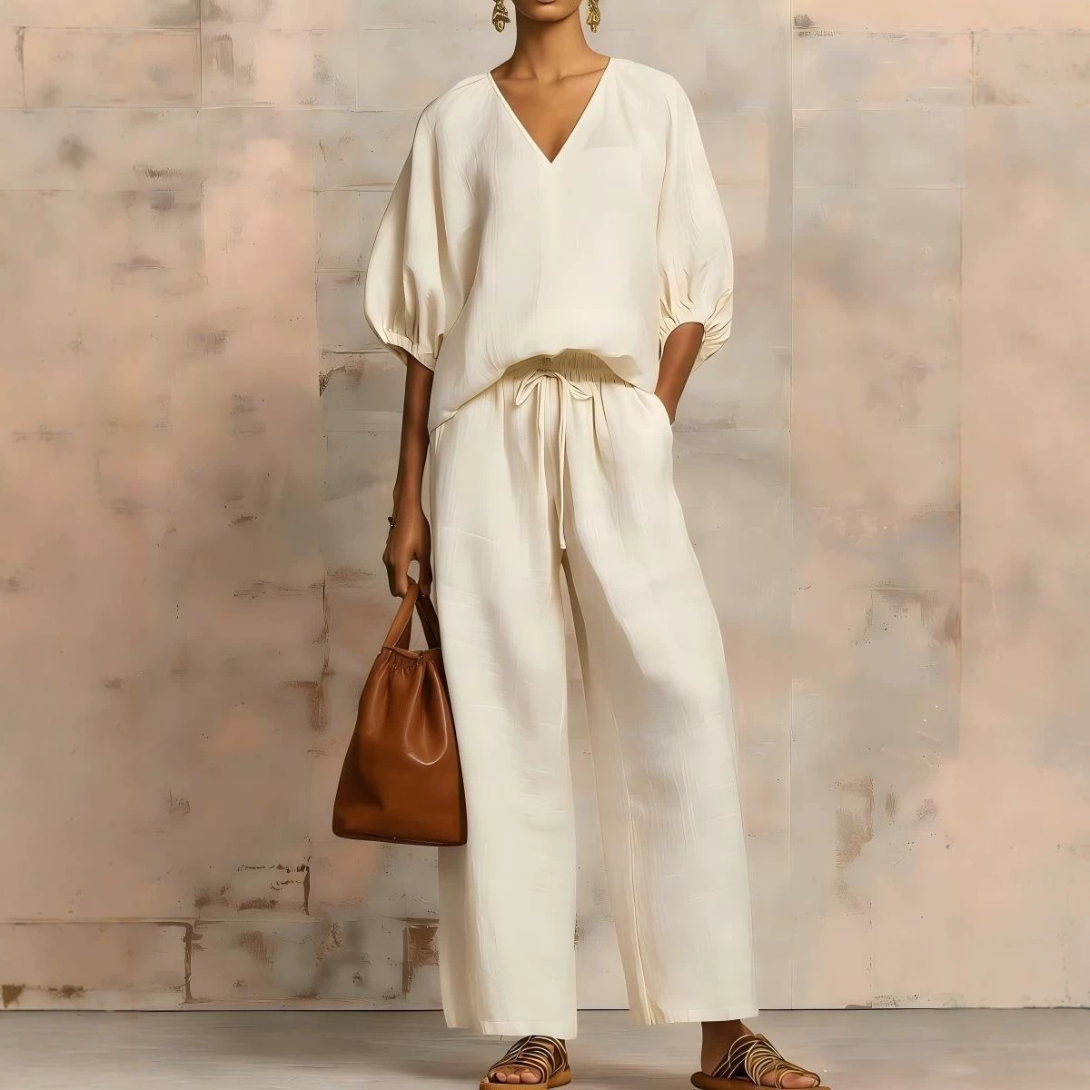 Minimalist Solid V-Neck Loose Two-Piece Set