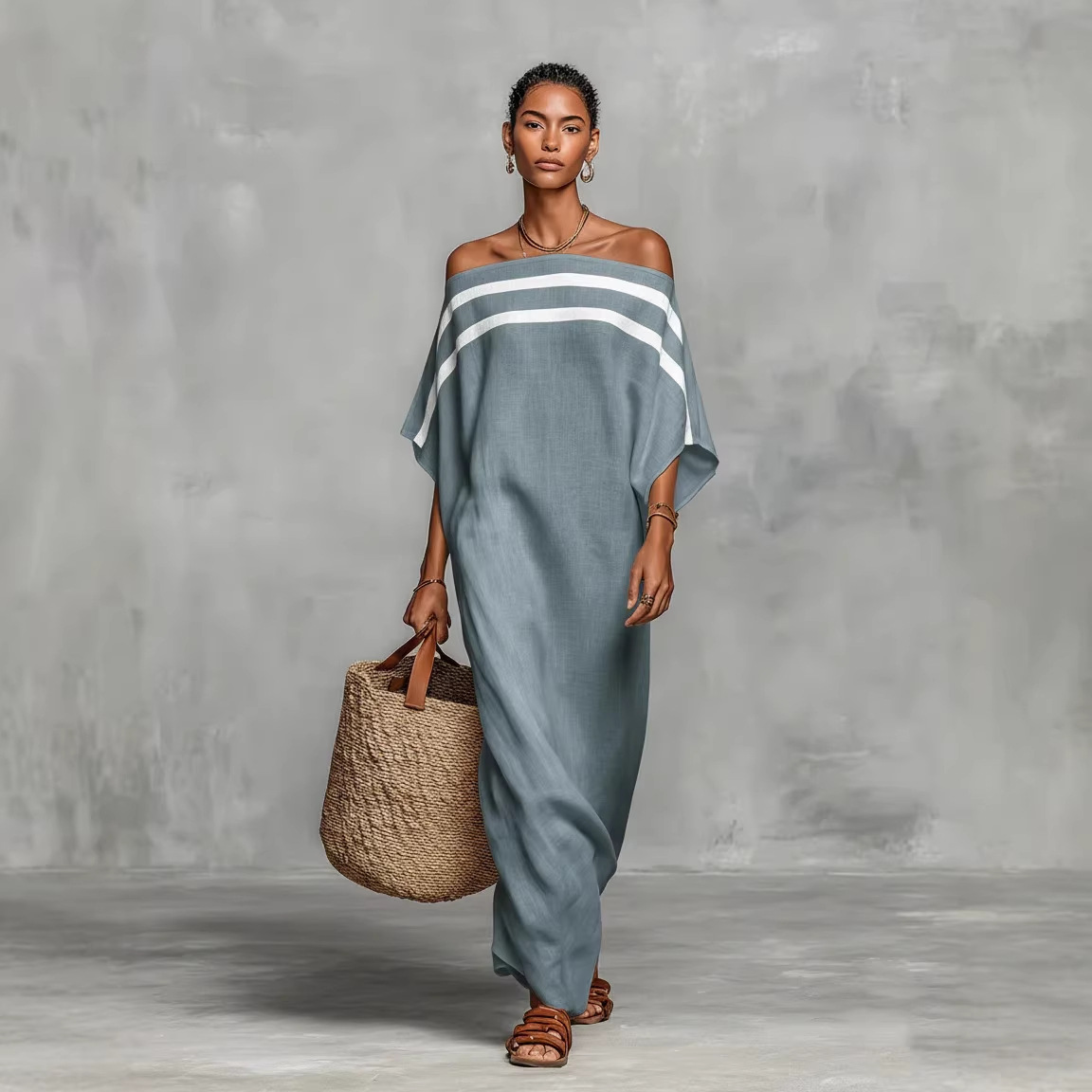 Off-Shoulder Maxi Dress with Batwing Sleeves