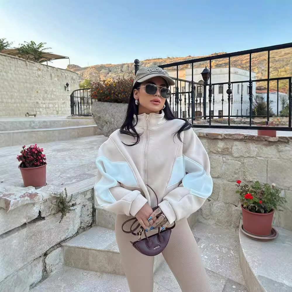 Women's Loose Colorblock Stand Collar Zip-Up Jacket