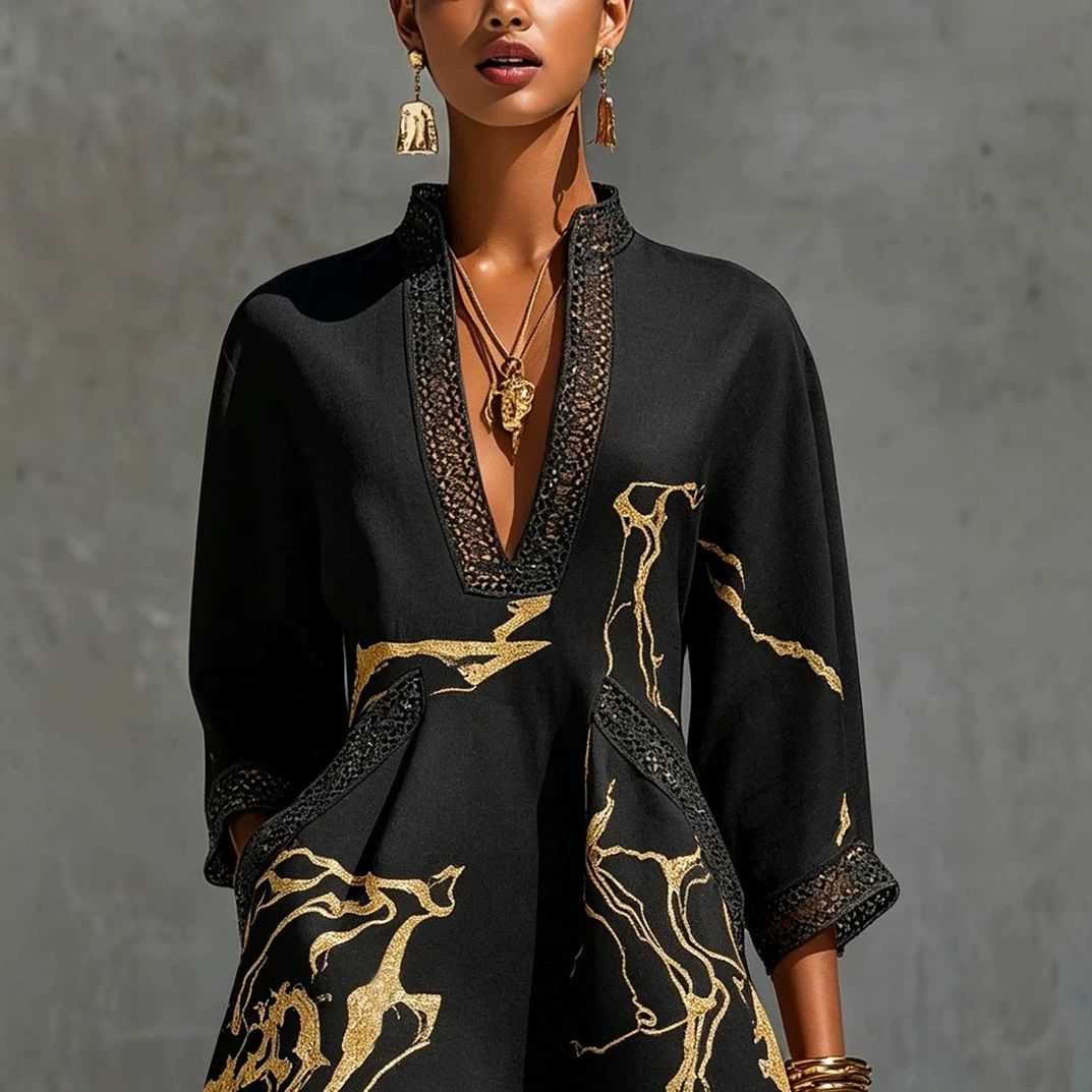 Navy Abstract Print V-Neck Lace-Trimmed Loose Short Dress