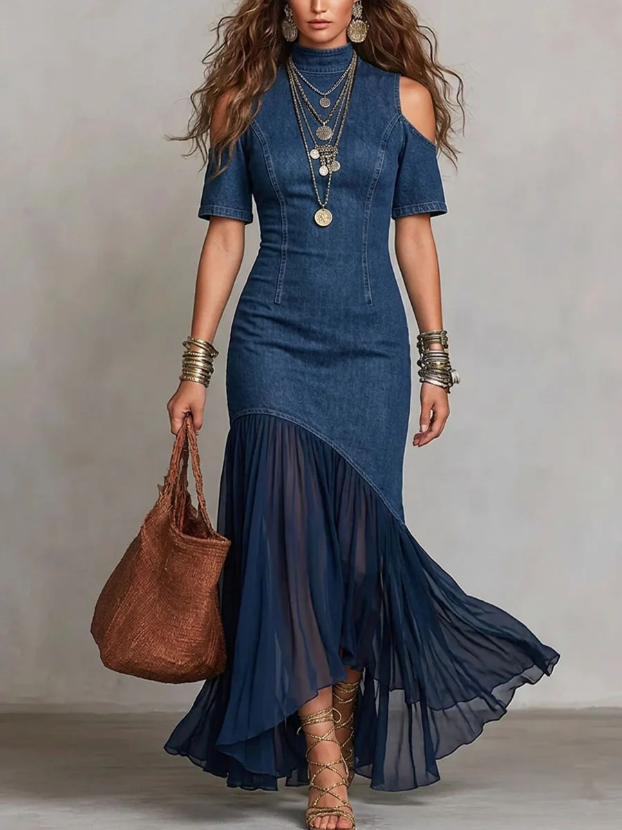 Off-Shoulder Short Sleeve French Mesh Hem Dress