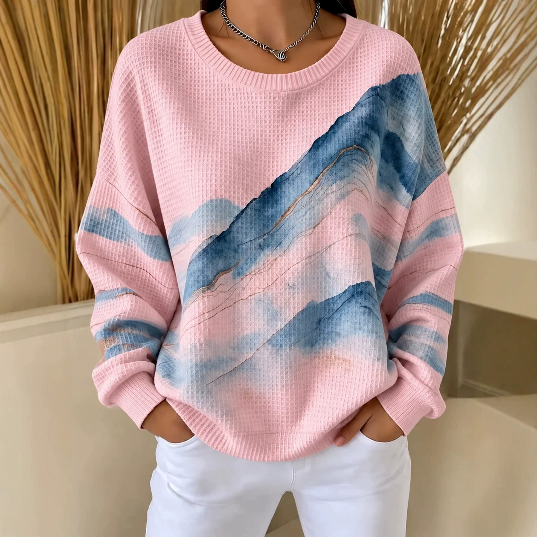 Landscape Line Print Crewneck Long Sleeve Pullover Sweatshirt