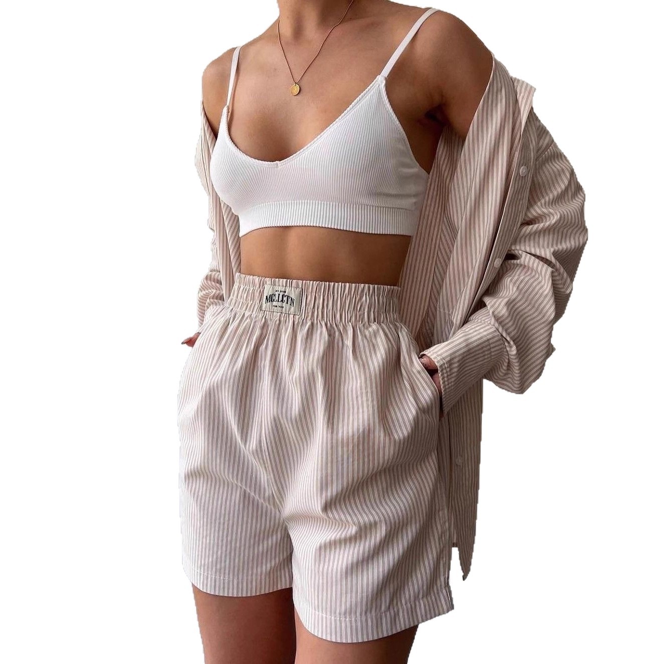 Striped Long Sleeve Shirt and Shorts Two-Piece Set