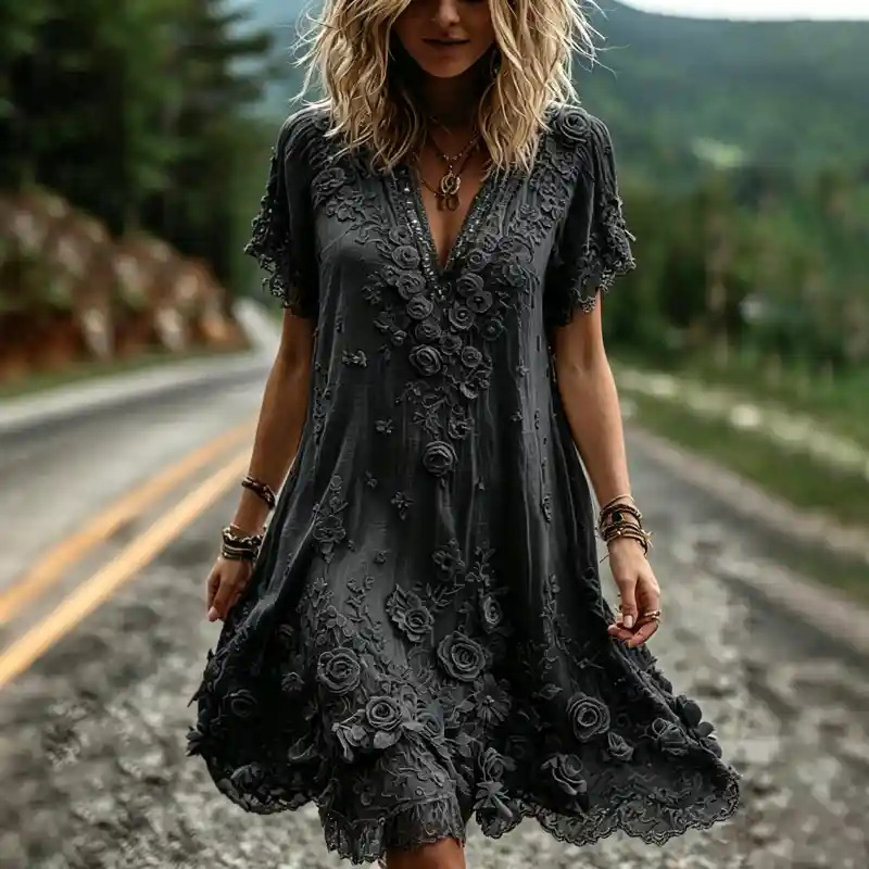 Women's Vintage Floral Print Pleated Midi Dress