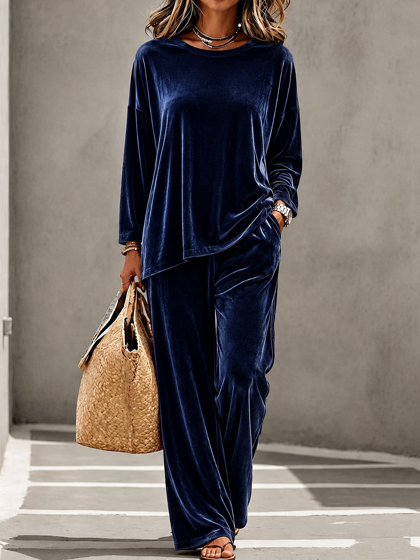 2026 New Cross-Border Women's Casual Round Neck Pullover Long Sleeve Long Pants Velvet Multi-Color Women's Set