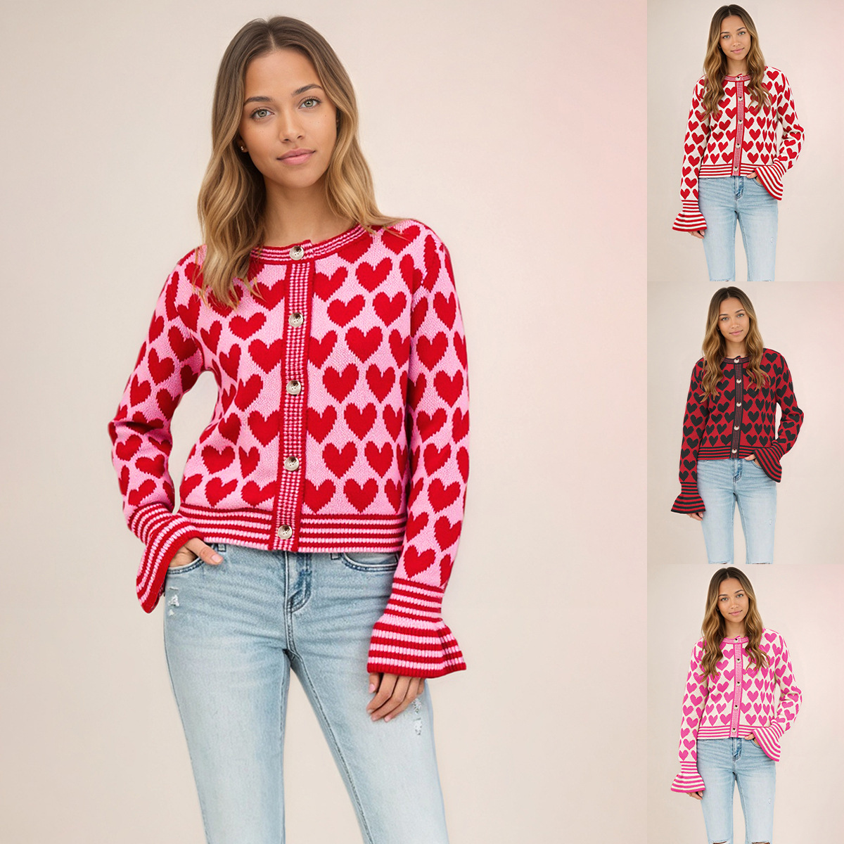 Heart Knit Cardigan Button-Up Flared Sleeve Sweater