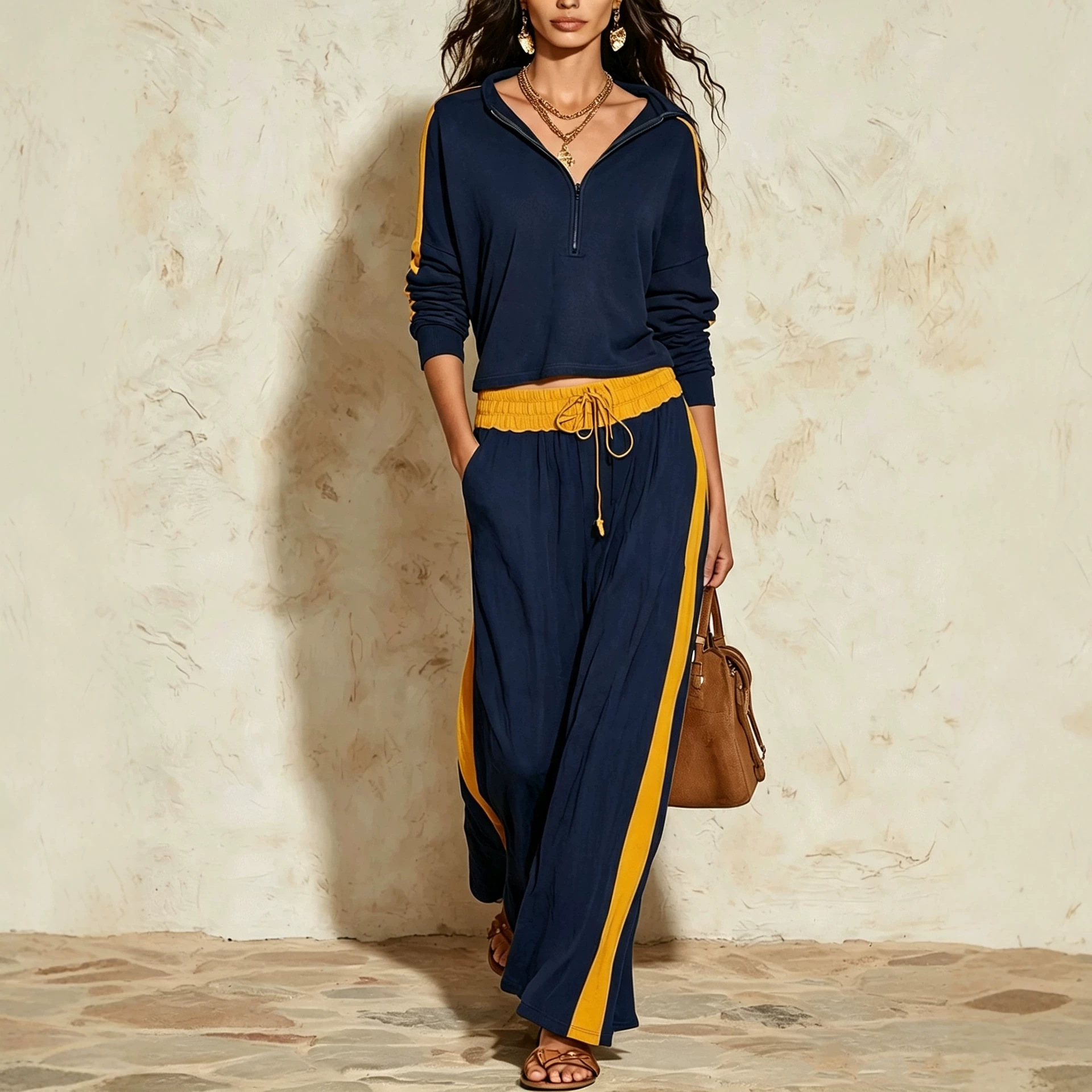 Color-Block Half-Zip Top & High-Waist Wide-Leg Pants Two-Piece Set