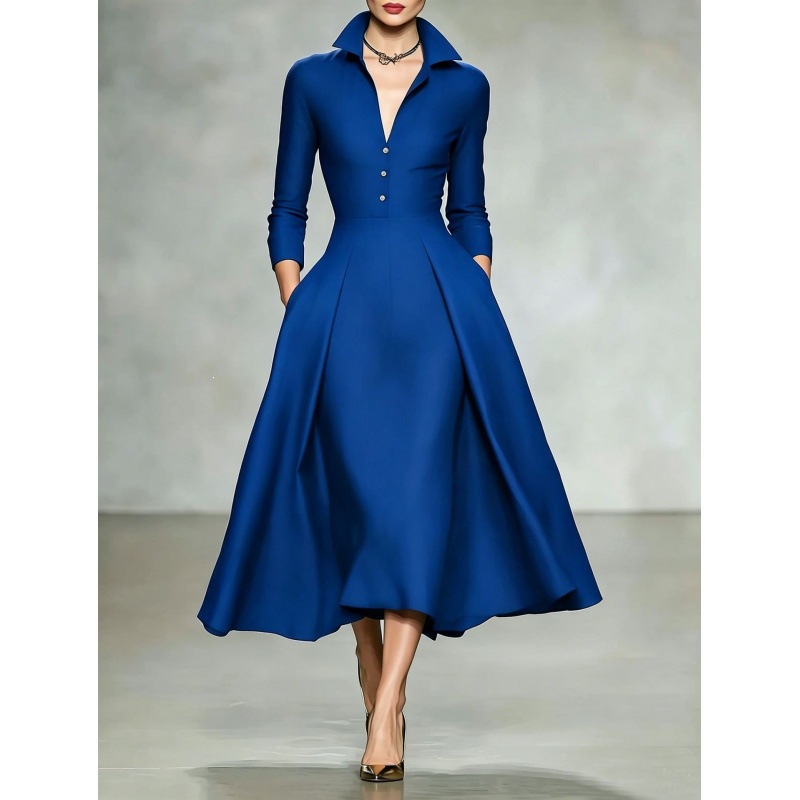 V-Neck Waist-Cinching Long-Sleeve Midi Dress