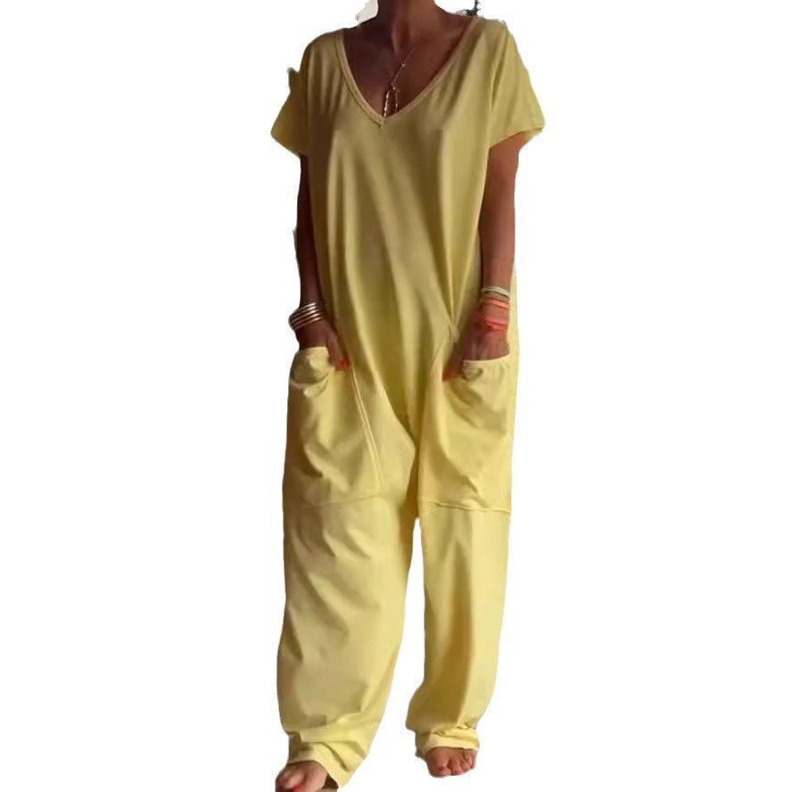Relaxed Deep V-Neck Short Sleeve Wide-Leg Jumpsuit with Pockets