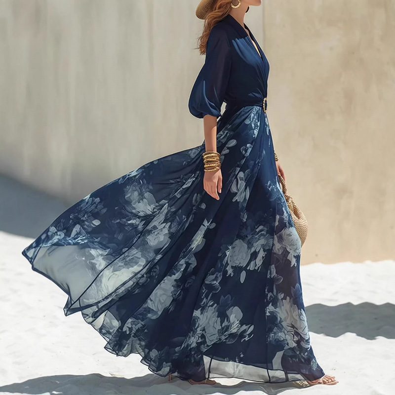Bohemian Ink Wash V-Neck Maxi Dress Puff Sleeve A-Line