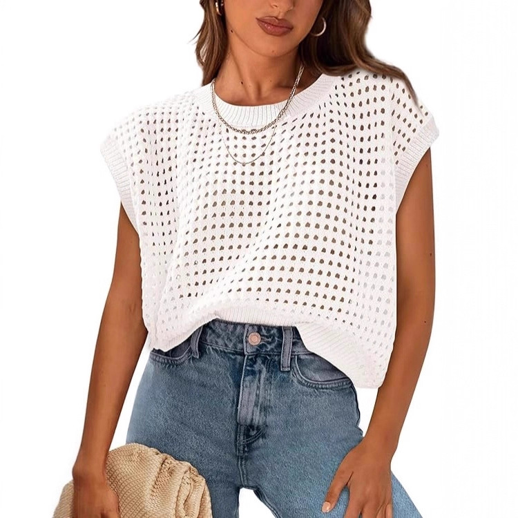 Crochet Cap Sleeve Knit Top Round Neck Pullover Beach Cover-Up