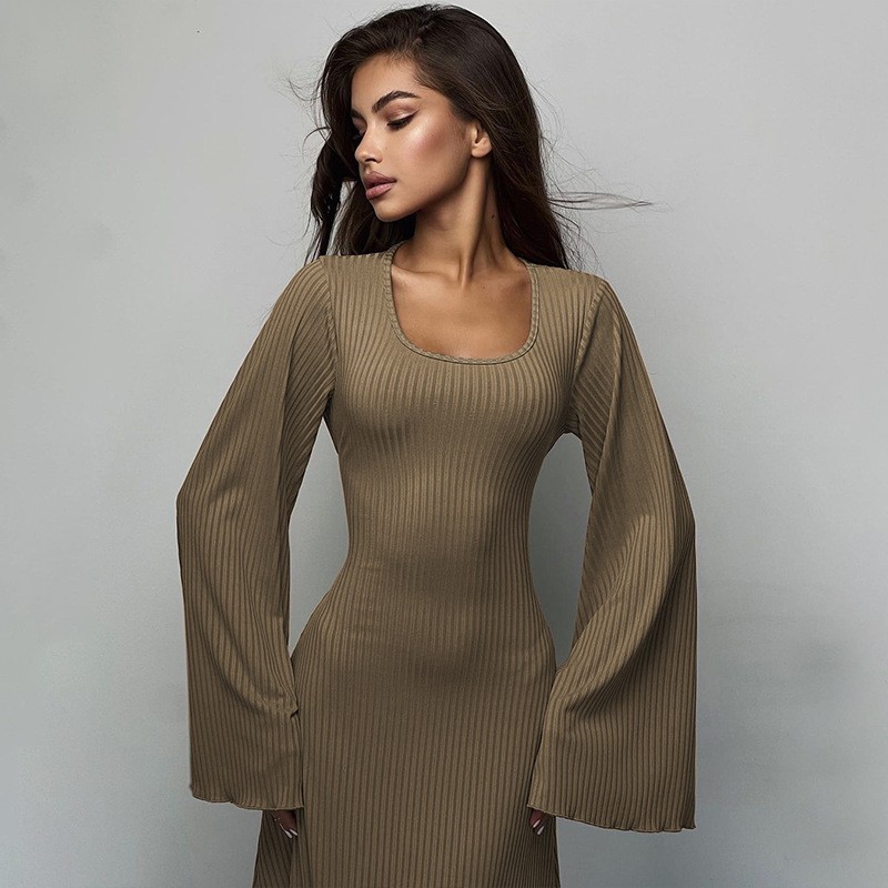 Women's Loose Fit High Waist Ribbed Long Sleeve Dress with Back Tie and Flared Sleeves