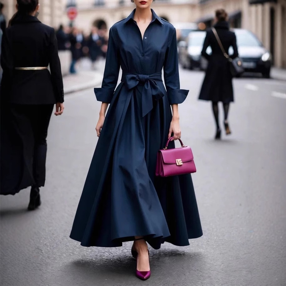 Long Sleeve Collared Solid Long Dress with Tie Belt