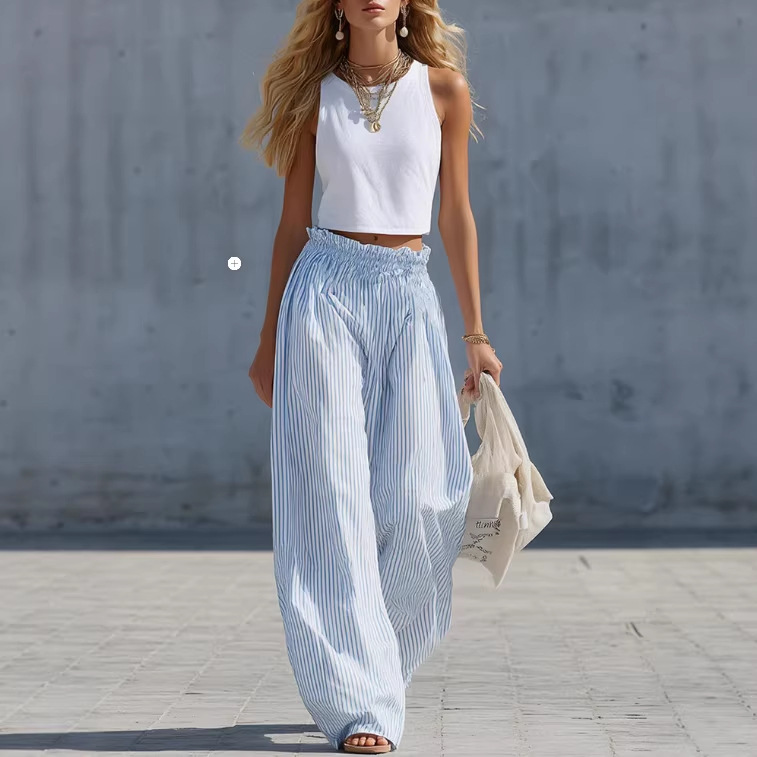 White Cotton Tank Top and Blue Striped Pants Set