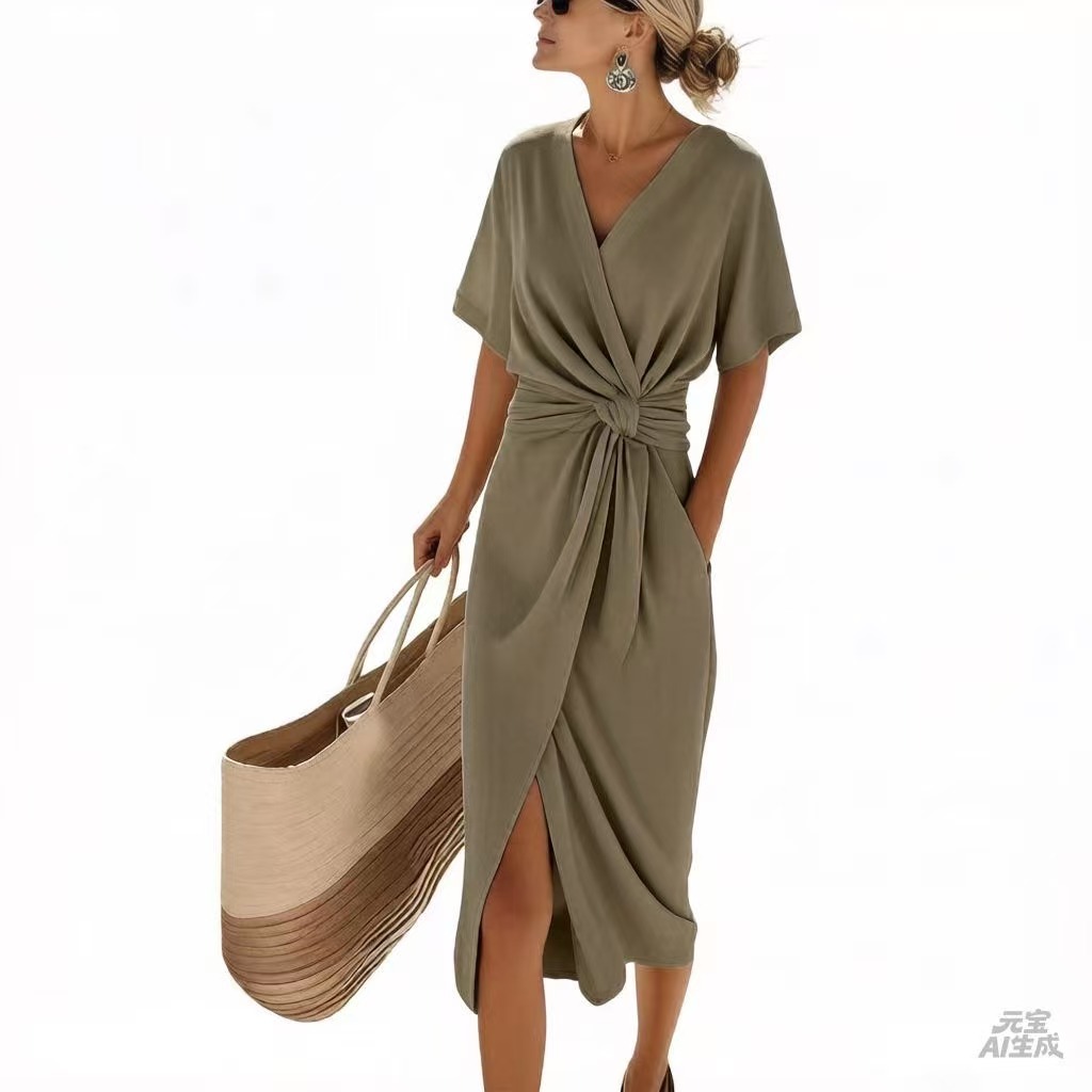 Satin Wrap Dress with Slit V-Neck Short Sleeve Midi