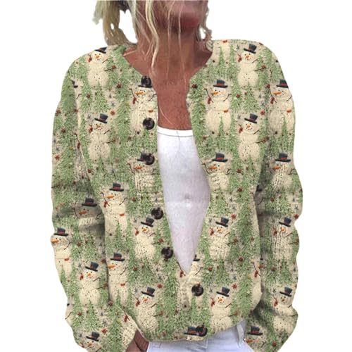 Women's Christmas Snowman Tree Print Button Cardigan